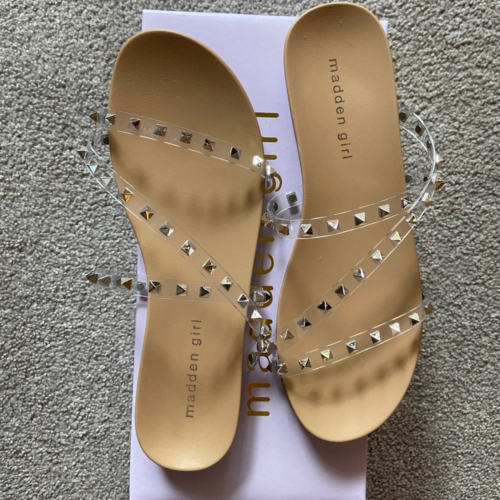 MADDEN GIRL - Size 7 - NWT. clear studded strappy slip-on sandals